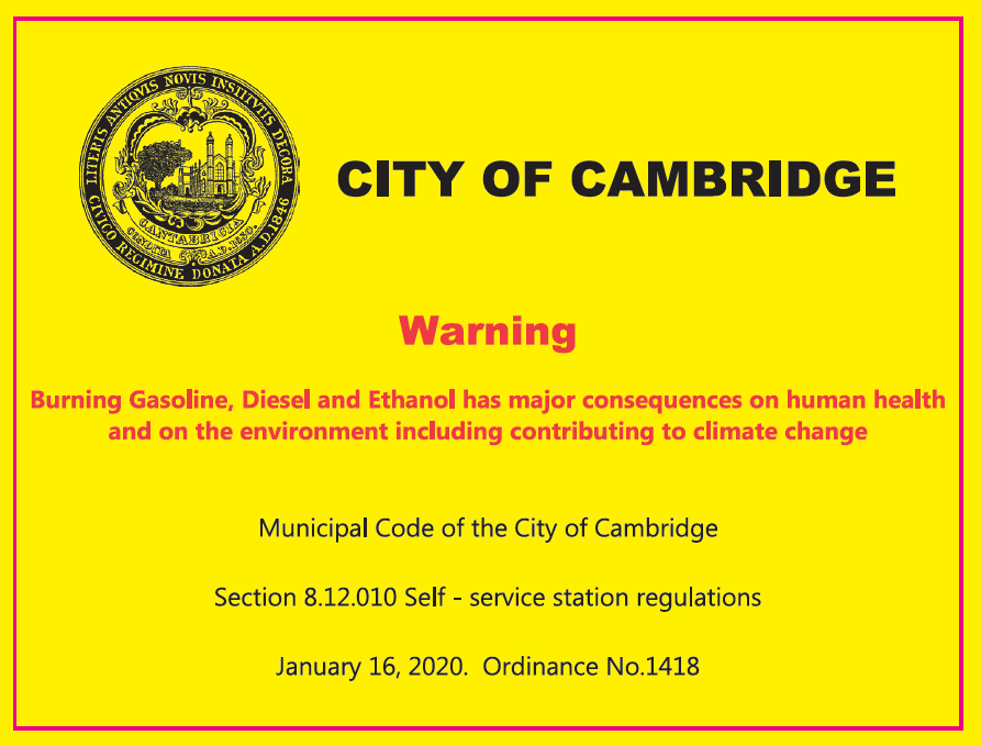 Warning label for gas pumps in City of Cambridge warning of fossil fuel burning impact