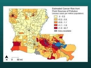 Cancer risk from point sources of pollution in Louisiana, as reported in the EPA’s National Air Toxics Assessment. The Mississippi River is shown in blue. Image: EPA