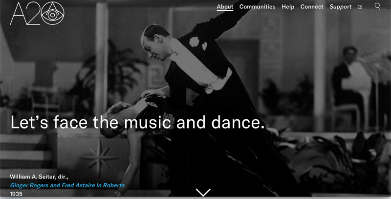 Screenshot of our partners page header from our website showing Astaire and Rogers in a movie, dancing.